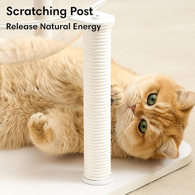 Modern Cat Tree, Wood Cat Tower with Steel Frame, Scratching Posts, Cat Capsule, Plush Mat, Bell Dangling Toy, Aesthetic Minimalist Heavy-Duty Cat Climbing Tree for Large Indoor Adult Cats-White
