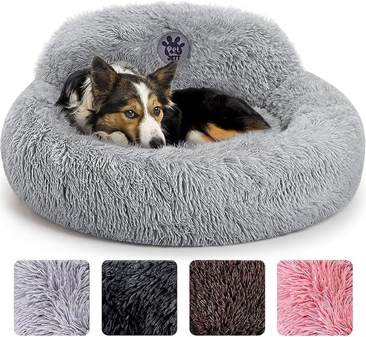 PetJett Calming Dog Bed Medium Size Dog - 30'' Donut Bed, Washable Dog Bed - Anti-Slip Super Soft Fluffy Plush Round Bed, Anti-Anxiety Premium Comfort Pet Bed, Fits Dogs up to 45 lbs - Bright Grey