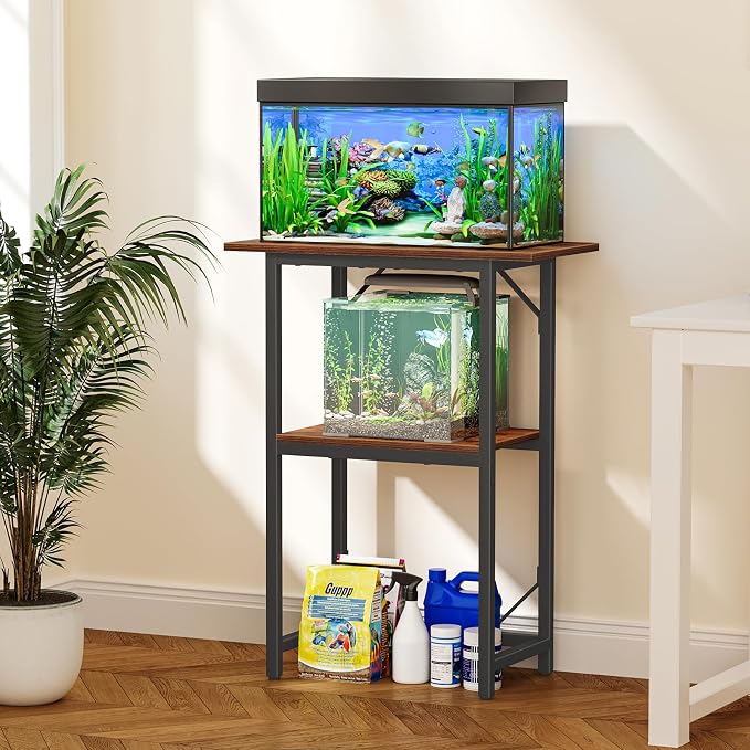 Snughome 10-20 Gallon Fish Tank Stand, Aquarium Stand 2-Tier Storage Shelves, Heavy Duty Terrarium Stand for Home Office Fish Tank Shelf, 24" L x 11.81" W x 30.71" H, Rustic Brown