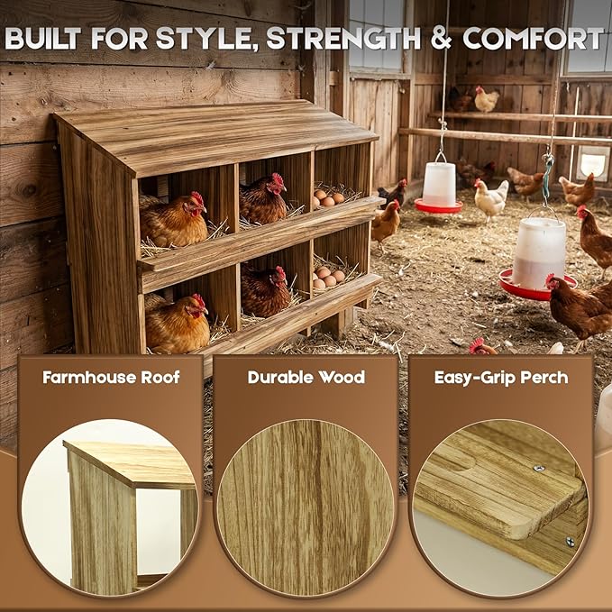 6 Holes Gold Standard Chicken Nesting Box for Laying Eggs, Two-Tier Wooden Nesting Boxes for Chickens, Farmhouse Series Laying Box for Hens, Ducks and Birds