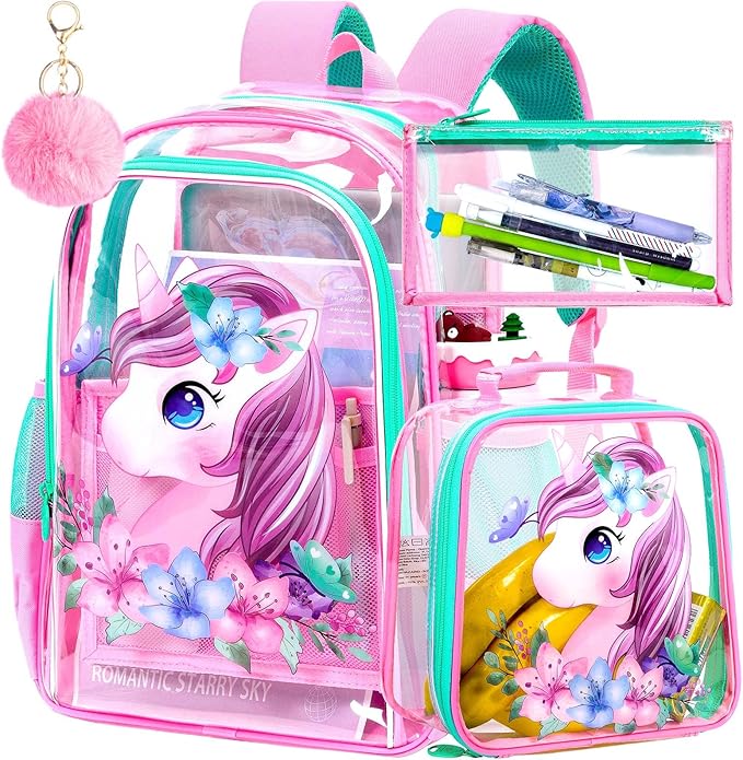 KLFVB 3PCS Clear Backpack for Girls and Boys, Kids See Through Backpacks Stadium Approved, Transparent Bookbag for Elementary