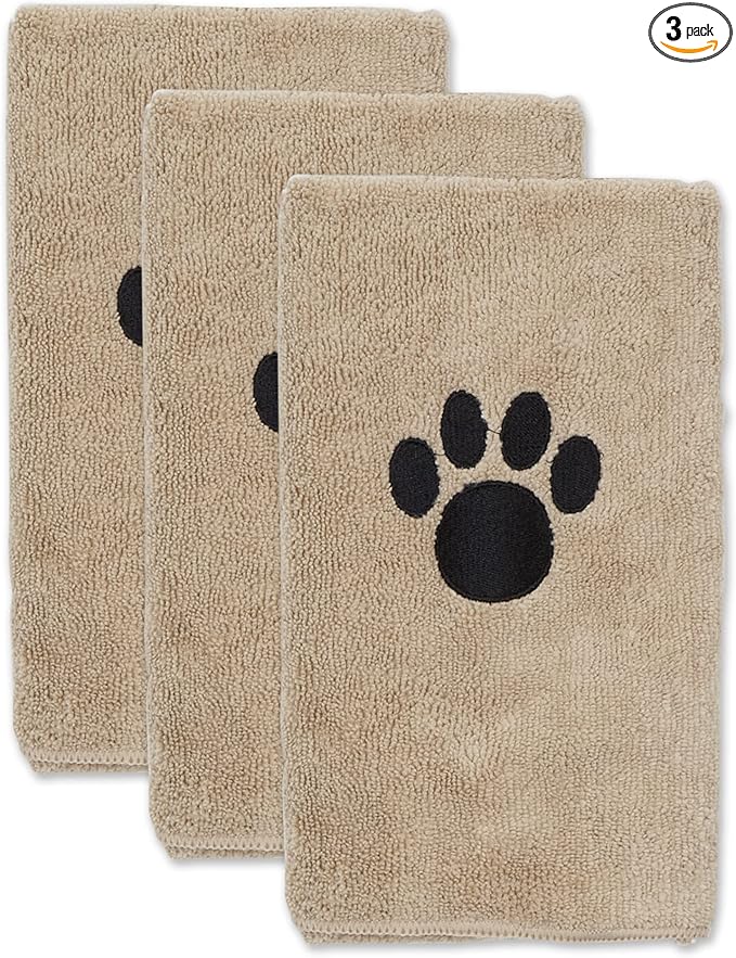 Bone Dry Pet Grooming Towel Collection Absorbent Microfiber Drying Set, 15x30", Embroidered Taupe, 3 Count