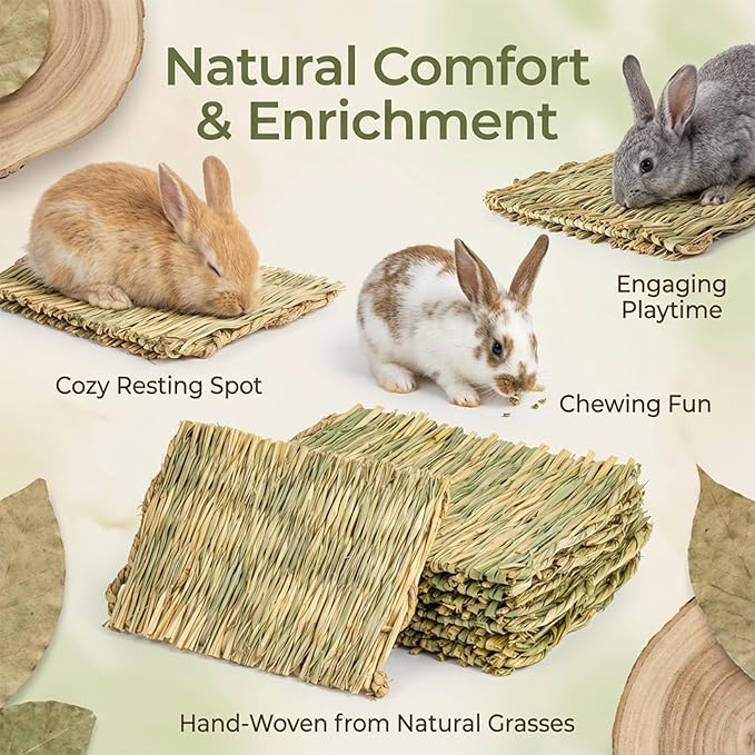 Sukh 3 PCS Rabbit Grass Mats - Natural Hay Woven Bunny Rabbit Bad Cage Mats Pet Bedding Cooling Sleeping Nesting & Toys for Hamster Bunny Chinchilla Guinea Pig Mouse Bird and Other Small Animals