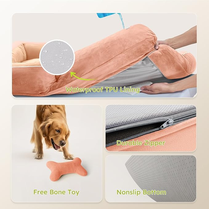 CWAWZ Jumbo Dog Bed for Extra Large Dogs, Orthopedic Dog Bed with Cooling Gel Memory Foam, Waterproof Pet Bed with Removable Washable Cover, 45" Pet Sofa Couch Dutch Velvet with Bone Toy, Peach Pink