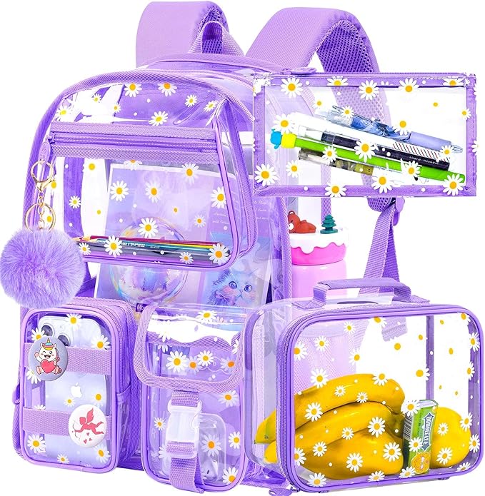 CCJPX 3Pcs Clear Backpack for Girls, School Transparent Bookbag, Heavy Duty See Through Backpacks for Teens Elementary