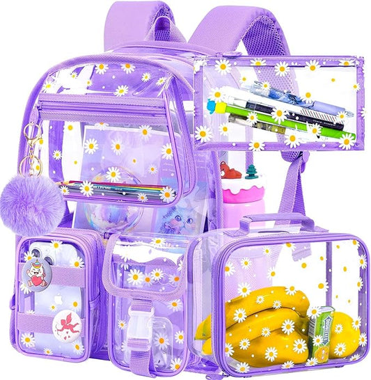 CCJPX 3Pcs Clear Backpack for Girls, School Transparent Bookbag, Heavy Duty See Through Backpacks for Teens Elementary