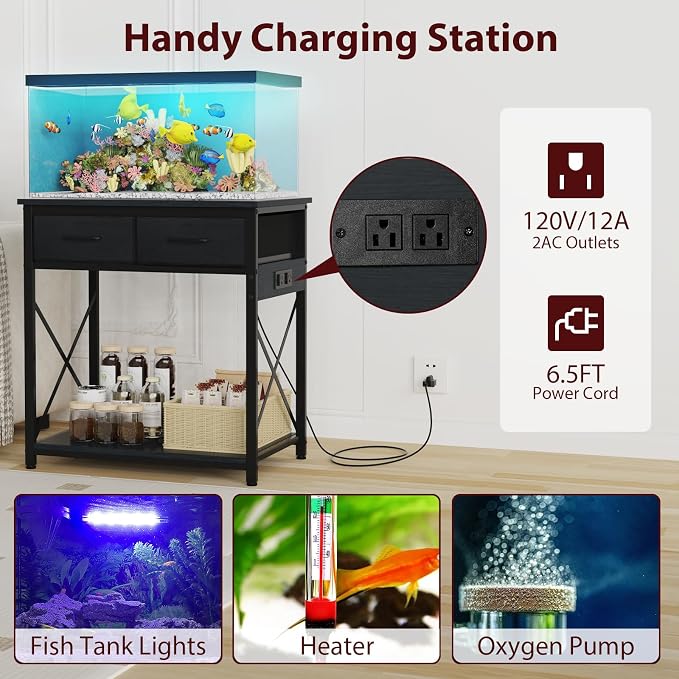 20-29-37 Gallon Fish Tank Stand, Black | Power Outlets, 2 Drawers