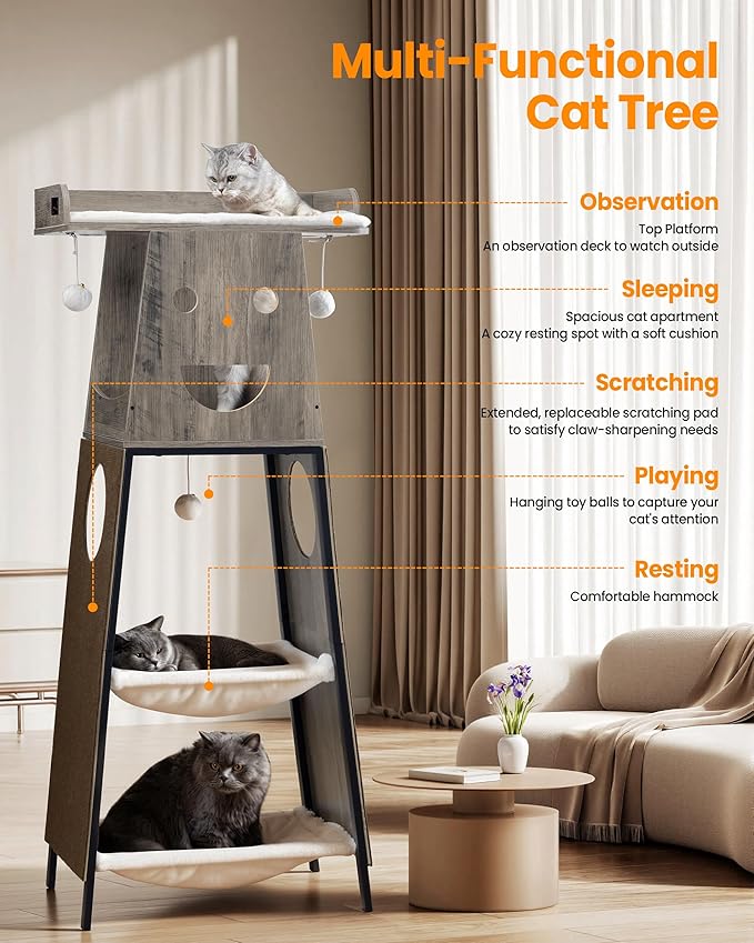 Modern Wood Cat Tree for Indoor Cats, 56 Inch Tall Cat Tower with Hammock, Multi-Level Trees with Perch Bed, 2 Hammock, Cat Condo, Scratching Board, Removable Pads, Cat Furniture, Greige