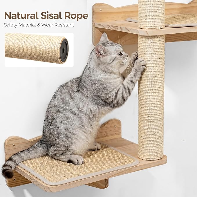 Cat Wall Shelves, 3-Tier Cat Shelves with Sisal Scratching Post, Sisal Mat Solid Pine Wood Wall Mounted Cat Climbing Furniture, Modular Design