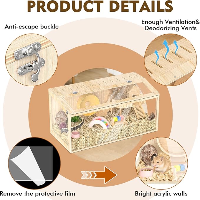 XiaZ Large Hamster Cage,40 Inch Wooden Hamster Cage with Panoramic View and Ventilated Top, Spacious Acrylic Glass Habitat for Syrian Dwarf Hamsters and Degus, Natural Wood Frame Enclosure