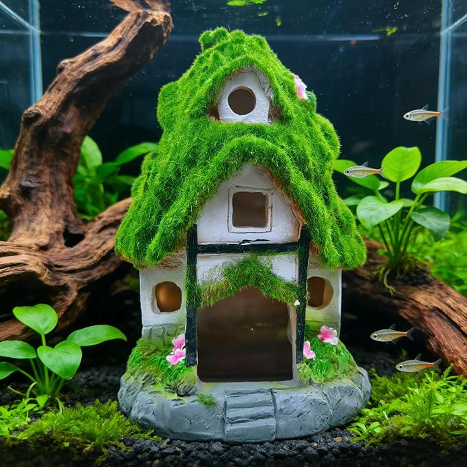 M2cbridge Aquarium Decorations Fish Hideout House Betta Cave Landscape Garden Decoration with Green Lifelike Moss (Garden Shed)