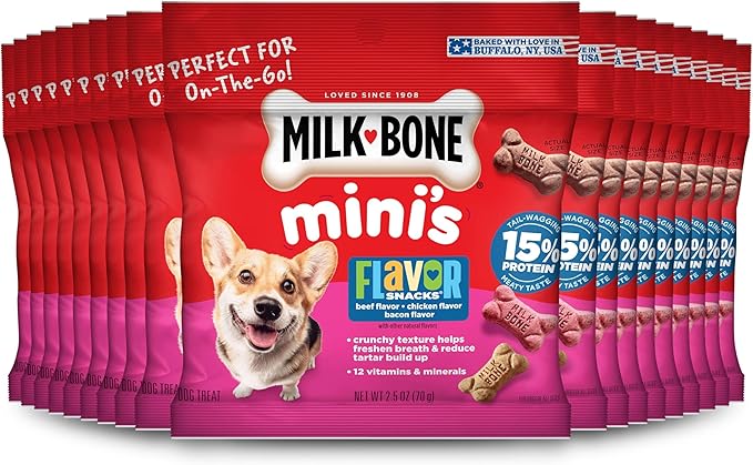 Milk-Bone Flavor Snacks Mini’s Dog Biscuits, Flavored Crunchy Dog Treats, 2.5 Oz. Bags (Pack of 20)