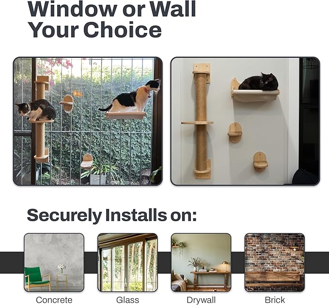 4-in-1 Window & Wall Mount Cat Wall Shelves – Hammock, Scratching Post & Perch | Fits up to 40 lbs | Space-Saving Pet Furniture for Windows, Glass & Drywall | Modern Wood Cat Shelf Set