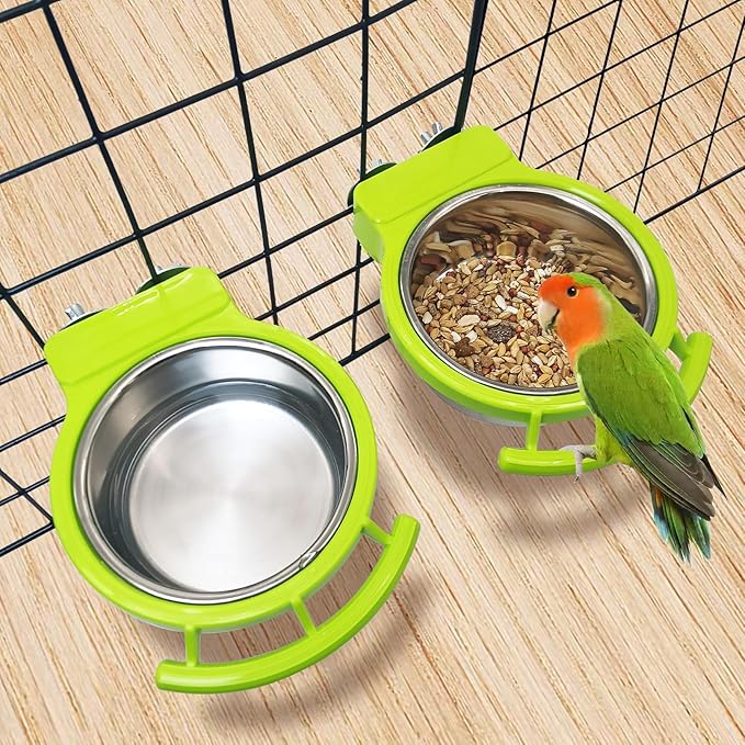 BNOSDM Hanging Stainless Steel Bird Bowls 4 PCS Bird Feeding Dish Cups with Perch Stand Birds Food Container Food and Water Bowls with Spoon for Budgie Cockatoo Finch Lovebirds Pigeons (Green)