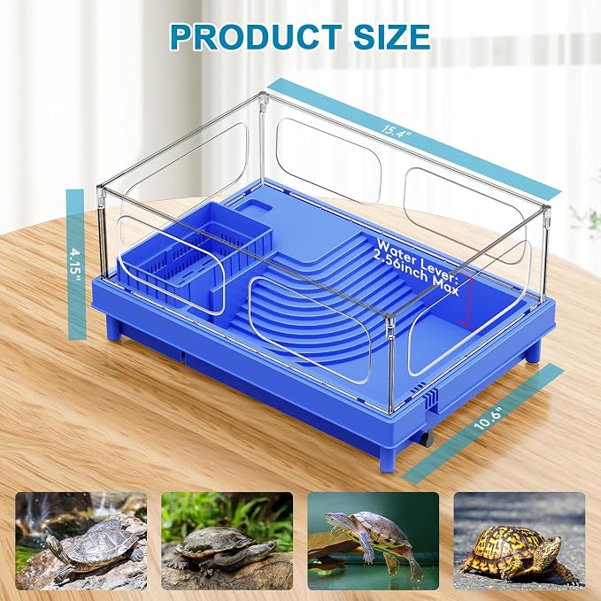 Small Turtle Tank with Filter for Baby Turtles | Blue Clear-Panel Habitat, with Basking Platform and Bottom Drain, Low-Water Starter Aquarium, for Crabs and Small Reptiles