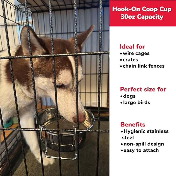 SPOT Coop Cup Wire Hanger - Stainless Steel Hanging Bowl for Pet Crates, Easy Install, Chew-Proof, Removable Water/Kibble Bowl for Medium Dogs, Cats, Large Birds, Reptiles - 3.75 Cups (30 Oz)