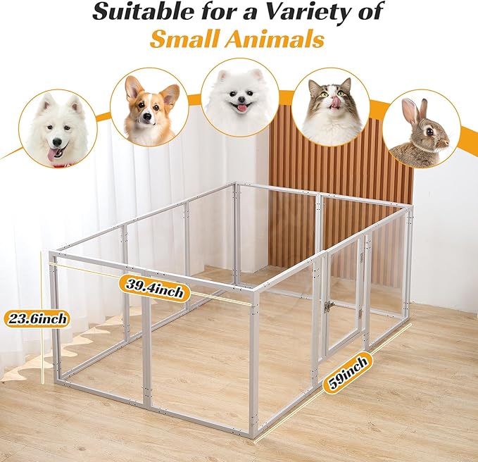 Clear Acrylic Dog Playpen with Door,Puppy Fence Indoors H:24" 10-Panel can be DIY Expanded + Splicing Height Design for Puppies/Small Dogs,White Dog Enclosure (Metal + Acrylic Material)