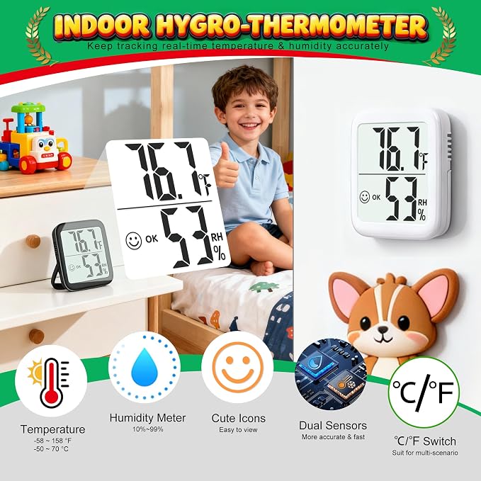 2 Pack Room Thermometer Indoor Hygrometer | Monitor Temperature & Humidity, Accurate, Fast Read, Easy To View, Magnetic/Kickstand/Hanging, ℉/℃, w/ Battery, Compact