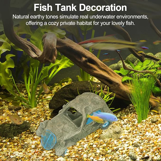 Virekm Resin Rock Cave Hideouts for Fish Tank Aquarium Decorations | Safe Natural Design Ornaments for Betta, Goldfish, Shrimp, Easy To Clean Aquarium Landscape Decor (car)