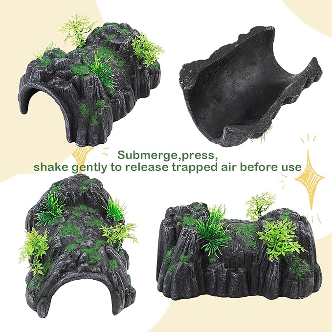 Fish Tank Hideout Cave Decor,Resin Rock Mountain Tunnel with Moss Plants Betta Cichlid Habitat Shelter for Aquarium Fish Tank Accessories 9.5 x 6 x 4 Inch