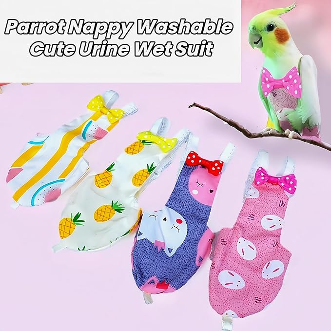 2Pcs Bird Diapers Bird Harness Flight Suits Diapers with 80 Inch Flying Leash Parrot Nappy Washable Cute Urine Wet Suit for Cockatiel Conure Macaw Budgies Parakeet-Kitten&Watermelon,S