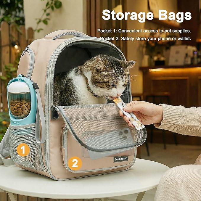 Cat Backpack Carrier Expandable, Breathable Mesh & Lockable Zippers & Shaded Curtains & Multi-Entry, Pet Backpack for Kitty Puppy Small Dogs Up to 18lbs for Travel, Hiking, Car, Vet(Khaki)