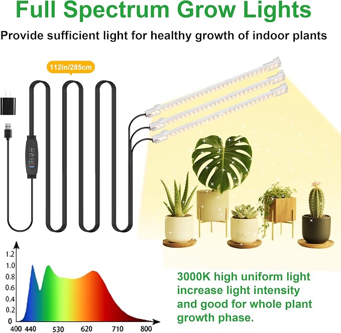 10.2'' 3 Head Grow Light Strips, LED Grow Lamps for Indoor Plants, Full Spectrum 3000K, Plant Light with 3/9/12H Timer, 10 Dimmable Levels for Seedling Succulent, Match for Plant Shelf