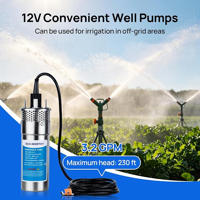 ECO-WORTHY 12V DC Submersible Deep Well Pump, IP65 Waterproof, MAX Flow 3.2GPM, Max Head 230ft, Water Pump Powered by Solar or Battery for Irrigation, Deep Well Water Extraction, Off-Grid Use