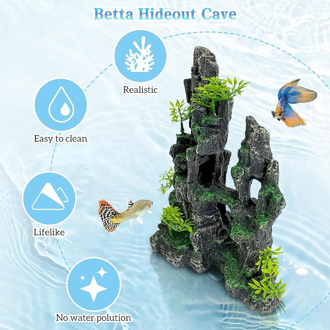 kathson Aquarium Mountain View Stone Resin Fish Tank Decoration Betta Hideout Caves Rockery Landscape Tree Rock Hiding Cave Decor for Small Fish Shrimp Play Ornament