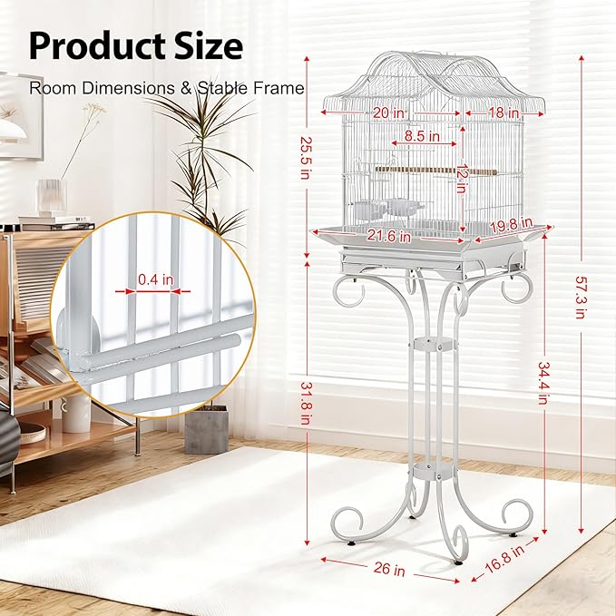 58" Vintage Scrolled Bird Cage - Heavy-Duty Metal with Rust-Resistant Coating, Parrot Cage with Slide-Out Tray, Stand, Perch & Bowls, Victorian Bird Aviary for Cockatiel, Parakeet, Finch & Lovebird