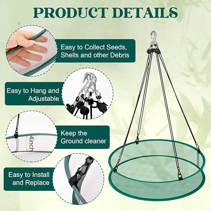 2 Pack Bird Seed Catcher for Outdoor Feeders, 24in & 16in Adjustable Hanging Trays with 4in Anti-Spill Height, Hanging Hoop Bird Seed Catcher Tray for Hummingbird Feeders Outdoor Garden Accessories