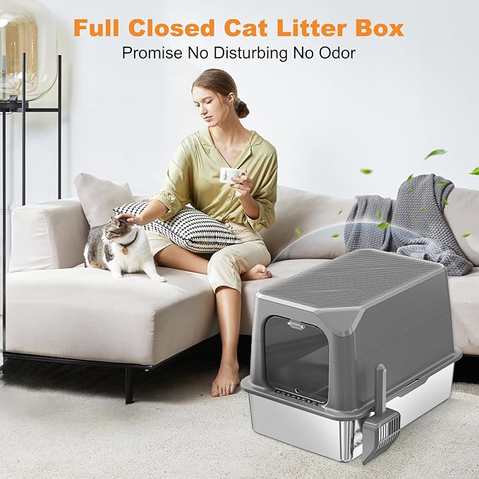 Extra Large Stainless Steel Cat Litter Box Enclosed with Lid - 24" x 16" x 17" Metal Cat Litter Box XXL, Front Entry High Side Kitty Litterbox with Scoop & Mat, Anti Leakage, No Sticky