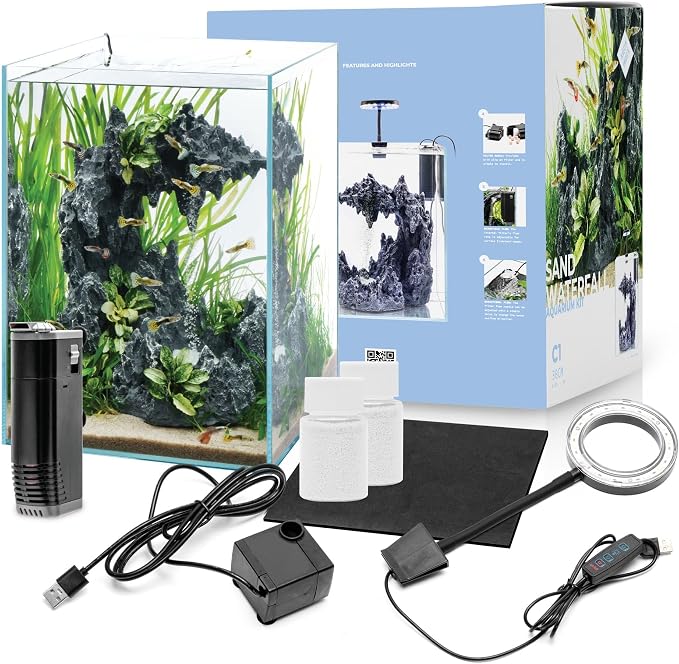 Sand Waterfall Tank Kit - Silent Operation Falling Sand Fish Tank w/LED Light and Self Cleaning Filtration - Desktop Rimless Starter Aquarium Kit, Just Add Plants - 9.51GAL | 36L (C1)