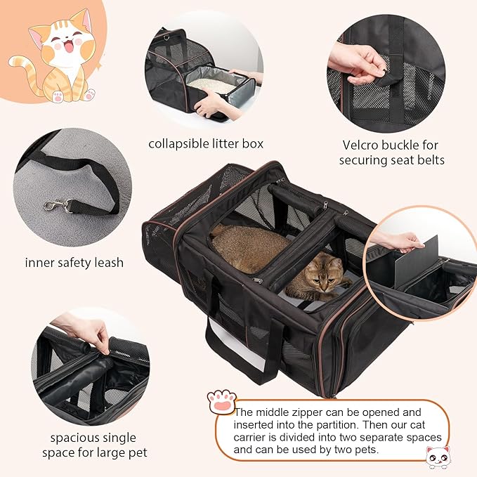 Large Cat Carrier for 2 Cats with 2 Litter Boxes, A.FATI Expandable Foldable Double Pet Carrier with Removable Divider, Breathable Mesh Oxford Cat Travel Crate for Car/Camping/Vet, Black