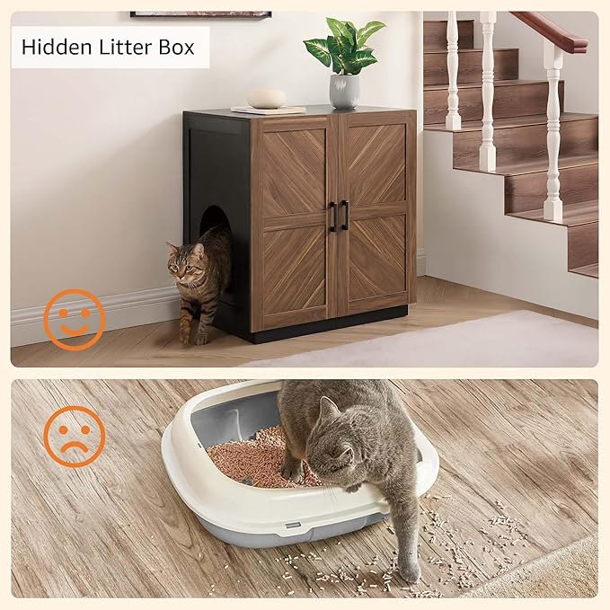 unipaws Cat Litter Box Enclosure Furniture with Storage Shelf, Tall Hidden Litter Box Cover for Tall or Top Entry Litter Box, Kitty Enclosed Cabinet, Cat Box with Odor Control, Walnut and Black