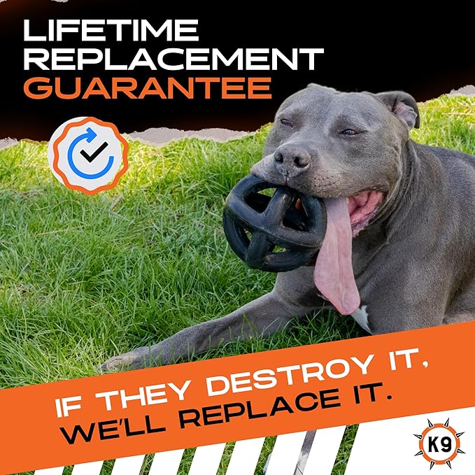 Monster K9 Ultra Durable Dog Ball - Lifetime Guaranteed - Tough, Heavy Duty Dog Toy for Aggressive Chewers - Safe Non-Toxic Natural Rubber - Chew, Tug & Fetch - Med/Large Breed, 5.5”