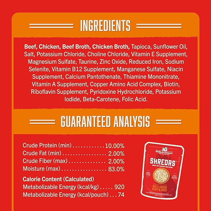 Stella & Chewy's Grass Fed Beef & Chicken Shredrs - Premium Dog Food Pouches - Perfect For Picky Eaters - 12 Pack, 2.8oz Each