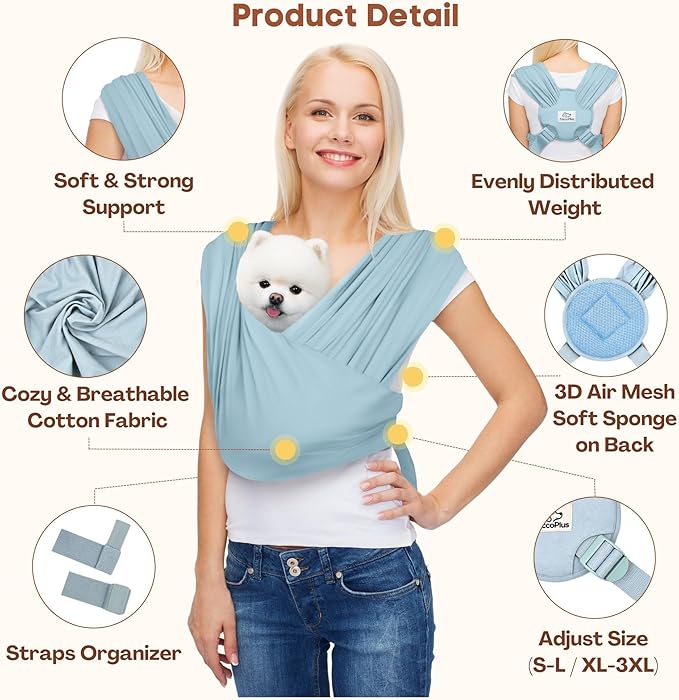 AnccoPlus Dog Carriers for Small Dogs, Front Facing Dog Sling Carrier, Hands Free Cat Carrier, Size Adjustable, Reducing Back Pain, Premium Cotton, Safe and Soft Dog Carrier (Regular, Baby Blue)