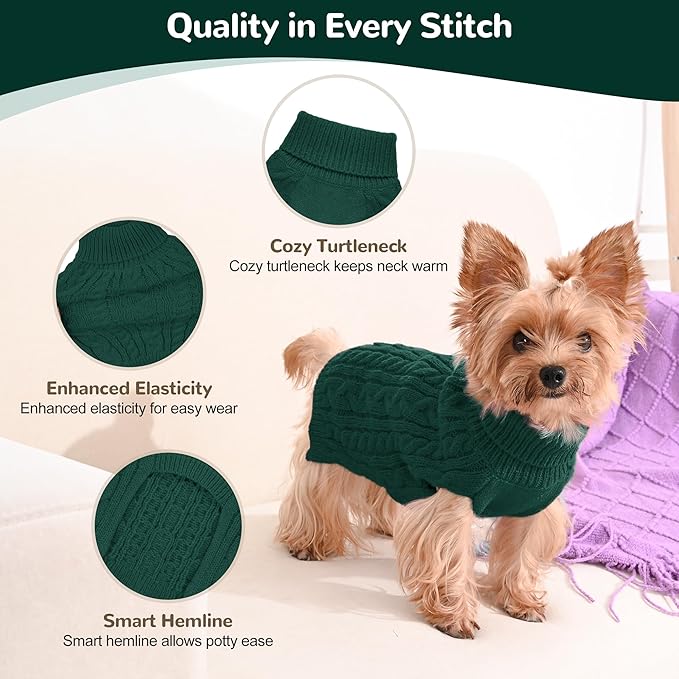 2 Pack Dog Sweaters for Small Dogs Winter Turtleneck Pullover Cable Knit Fleece Stretch Puppy Doggie Chihuahua Toy Poodle Yorkie Pomeranian Boy Girl Pet Clothes (XS, Green & Brown)