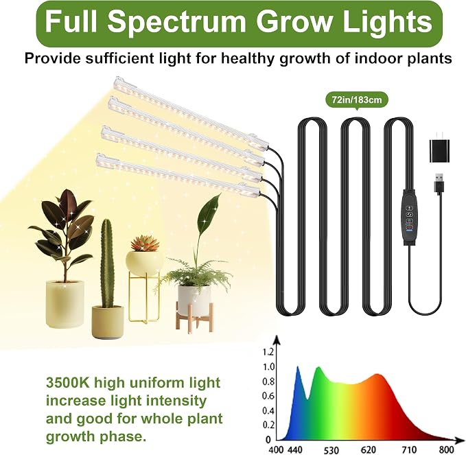 8.6'' LED Grow Light Strips, Full Spectrum 3500K Grow Lights for Indoor Plants, 4 Head with 3/9/12H Timer, 10 Dimmable Levels, Suitable for Seedling, Succulent, Plant Shelf and Greenhouse, 1-Pack