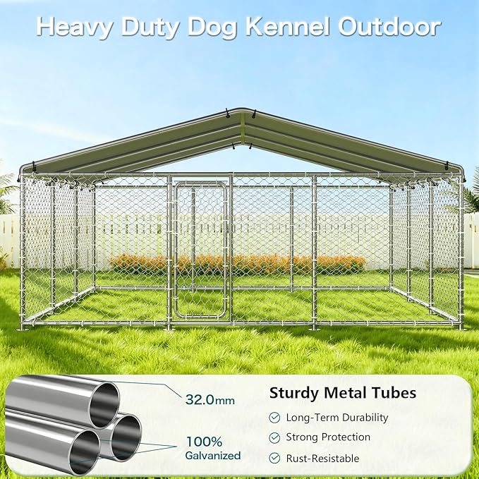 15x15 FT Large Outdoor Dog Kennel – Heavy-Duty Dog Enclosure with Wire Mesh Fence, Lock & Waterproof Cover for Large Dogs