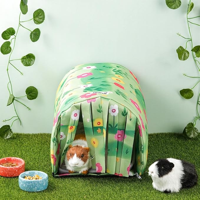 IBWell Guinea Pig Hideout Tunnel with Curtains Cute Floral Bunny Hideaway for Cage Accessories Washable Soft Hedgehog Hides and Houses