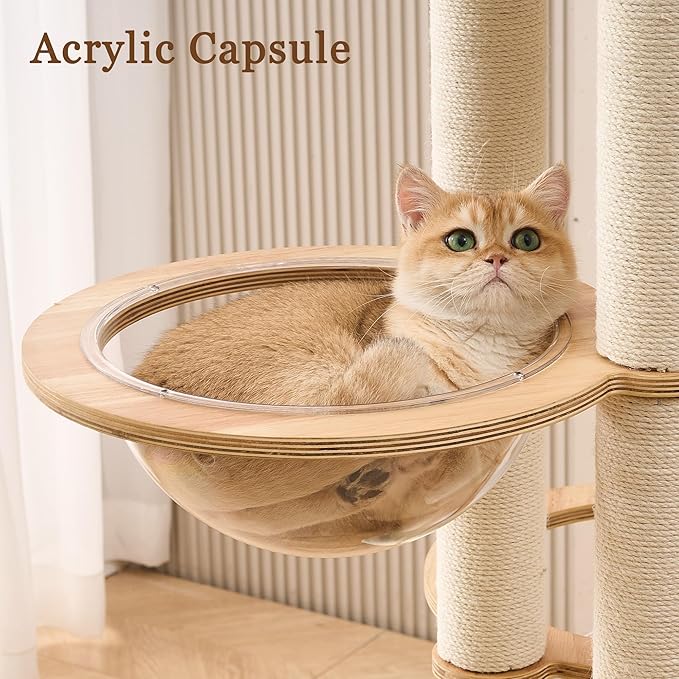 Modern Cat Tree Tower with Scratching Post for Indoor Cats Large Adult, 54 inch Tall Solid Wood Multifunctional Cat Tree Tower with Bed, Dangling Ball, Space Capsule, Scratcher Ball, Multiple Cats Use