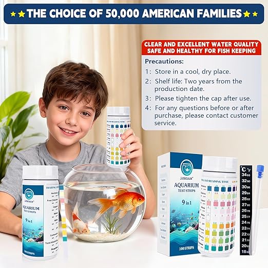 9 in 1 Aquarium Test Strips, 100 Count, Fish Tank Water Test Kit for Freshwater & Saltwater, Tests Nitrate, Nitrite, pH, KH, Total Alkalinity, Hardness, Free Chlorine, Copper & Phosphate