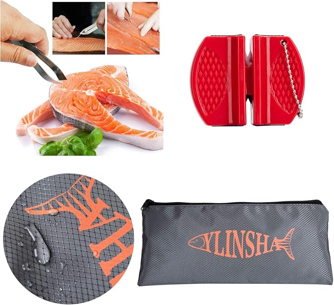 Fishing Knife, Fish Cleaning Kit 7 PC Set with Fish Knife, Fish Scale Cleaning Brush, Multi-Functional Scissors, Anti-Cutting Gloves, Fishbone Tweezers, Storage Bag