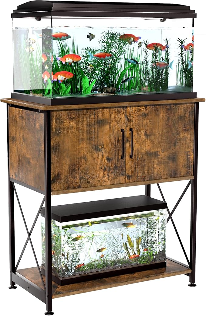 Herture 20-29 Gallon Aquarium Stand Metal Frame Fish Tank Stand with Cabinet Storage, for 20 Gallon Long Aquarium,30.7" L*16.5" W Tabletop,330LBS Capacity Rustic Brown and Black PG01YGN