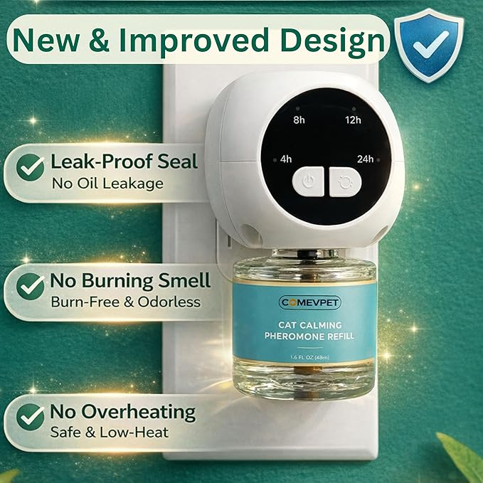 60-Day Cat Calming Diffuser Kit – 2-Pack | 2 Pheromone Diffuser + 2 Refills (48ml Each) | Reduces Anxiety, Spraying, Scratching & Meowing | Timer Modes to Extend Refill Life