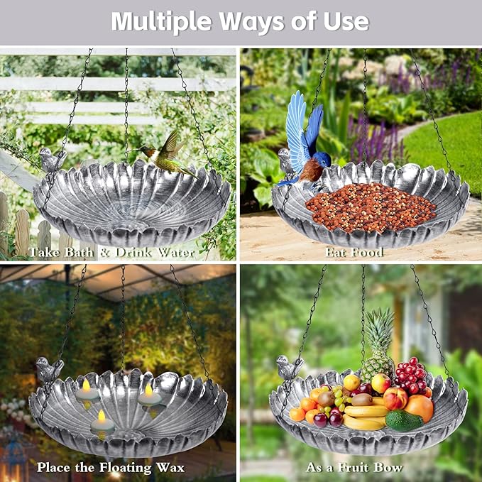 MUMTOP Hanging Bird Baths for Outdoors - Metal Bird Bath, 11.6 Inch Flower Shape Birdbath Bird Feeder Bowl for Outside, Garden, Lawn Yard Decor(Silver)
