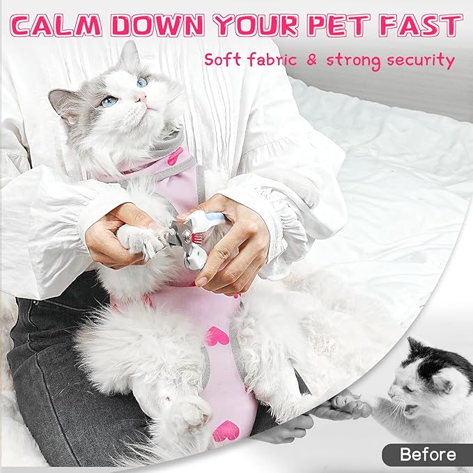 Cat Grooming Hammock, Self-Adherent Wrap for Cutting Nails, Anti-Escape Calming Grooming Bag for Medicine, Nail Clipping, Teeth Brushing, Ear Cleaning (Love, L（WT: 9-18 lbs）)