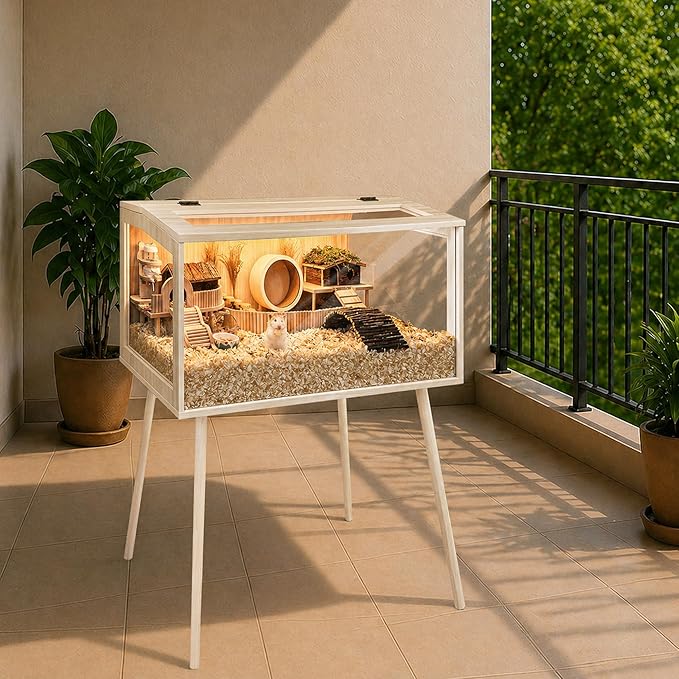 PROLEE Hamster Cage Wooden Chew Proof, Extra Large Mice and Rat Habitat Openable Top with Acrylic Sheets Solid Built Small Animal Cage with Leg Stands, 24 Inch Long